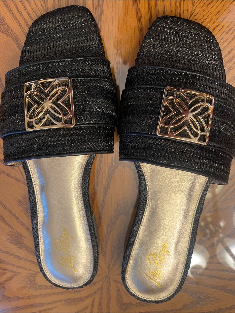 Lilly Pulitzer Black Braided Slide Sandals with Gold Emblem